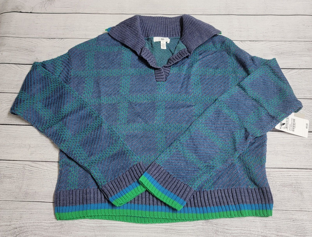 BP. Relaxed Polo Sweater Blue Green Multi Print Women's Size Small